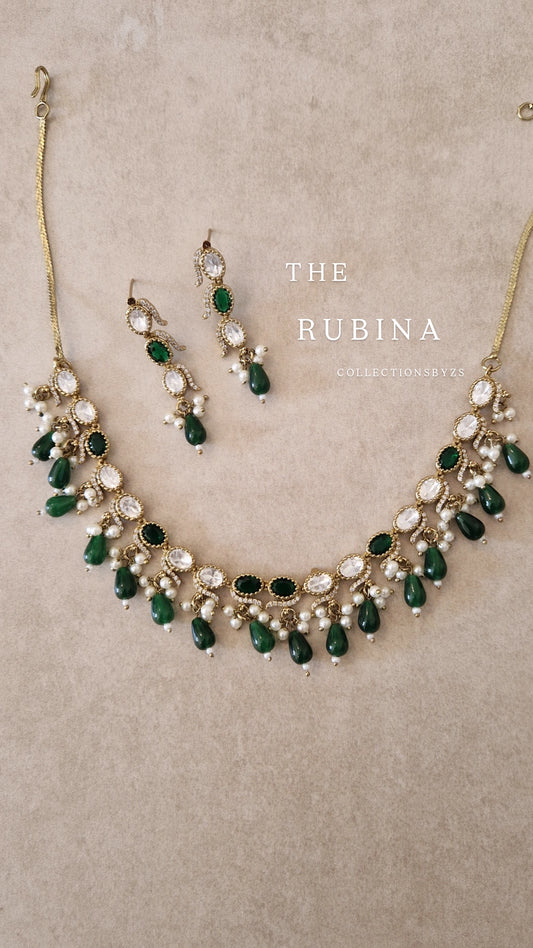 RUBINA- Elegant Very Small Monalisa Necklace set - DARK GREEN