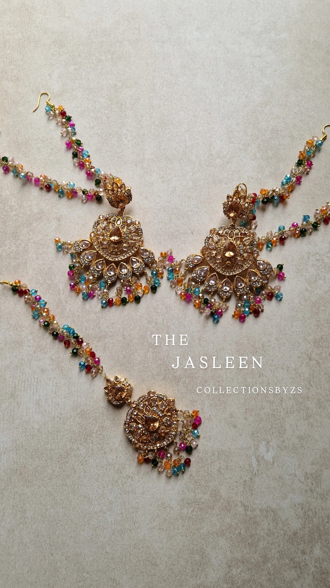 JASLEEN- Small Earring & Tikka Set (Yellow golden finish) - MULTICOLOURED - LAUNCH OFFER.