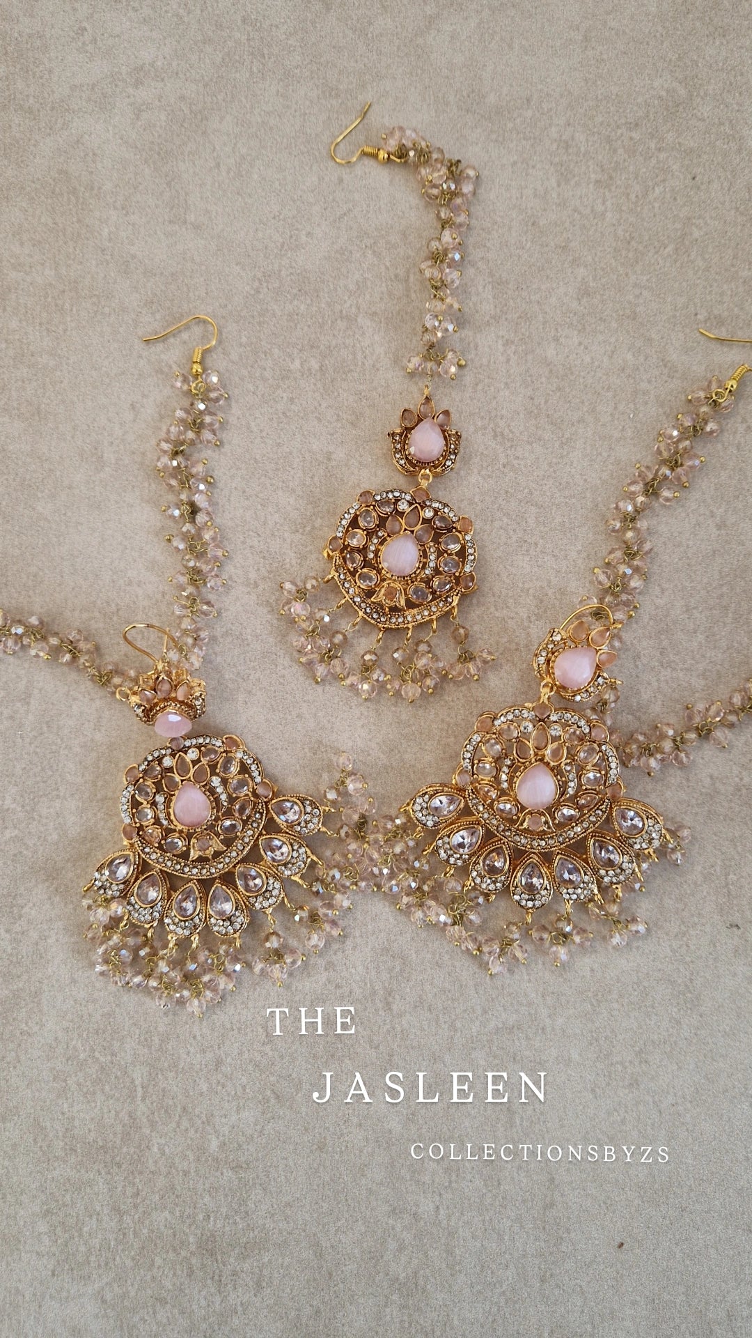 JASLEEN- Small Earring & Tikka Set (Yellow golden finish polish) - PINK - LAUNCH OFFER.