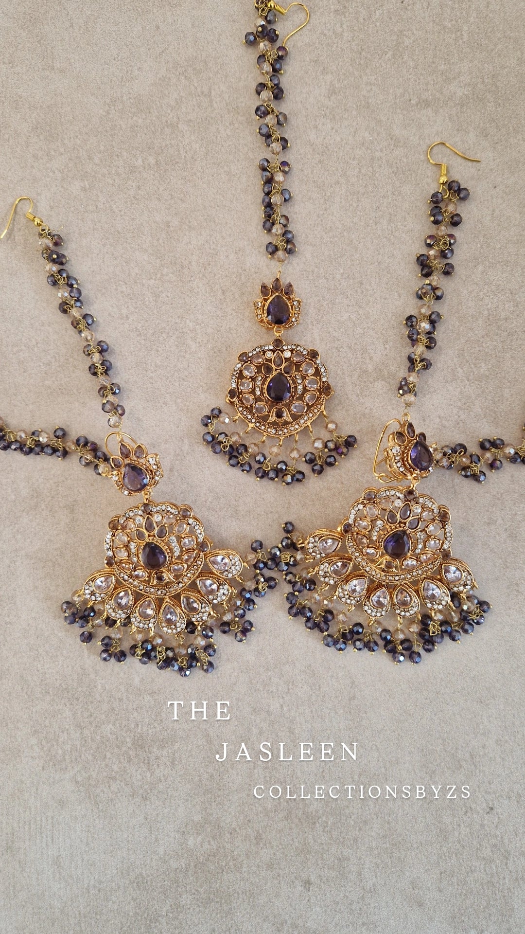 JASLEEN- Small Earring & Tikka Set (Yellow golden finish polish) - PURPLE - LAUNCH OFFER.