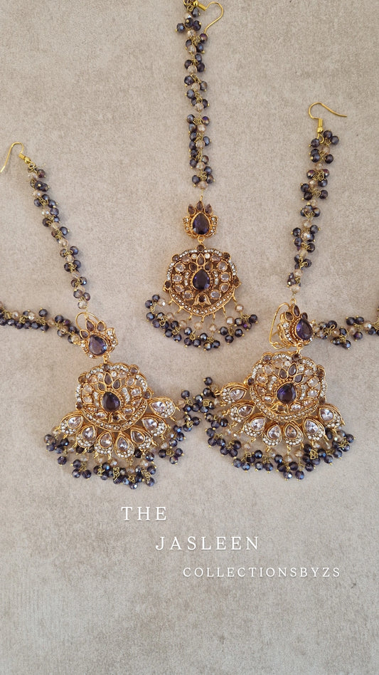 JASLEEN- Small Earring & Tikka Set (Yellow golden finish polish) - PURPLE - LAUNCH OFFER.