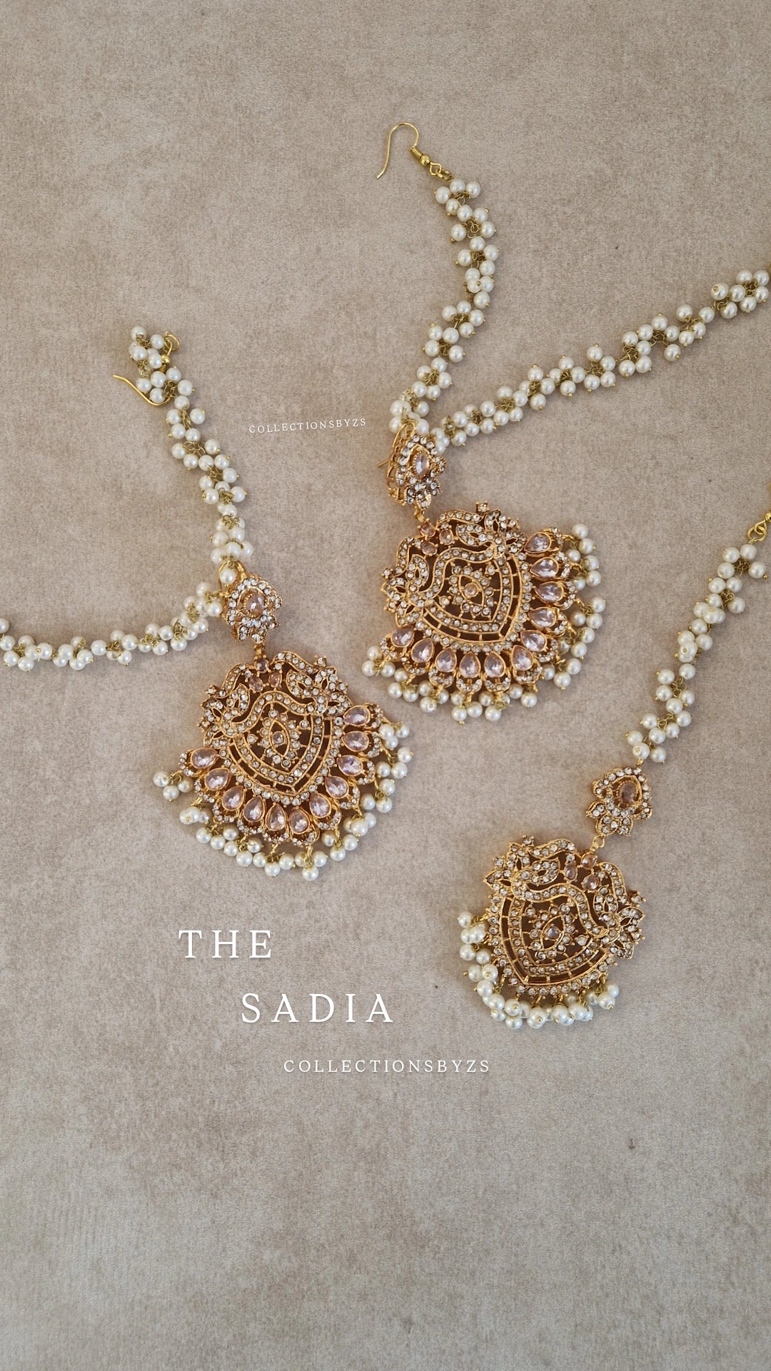 SADIA-  Elegant Stunning Earring & Tikka Set- Clear & GOLD pearls