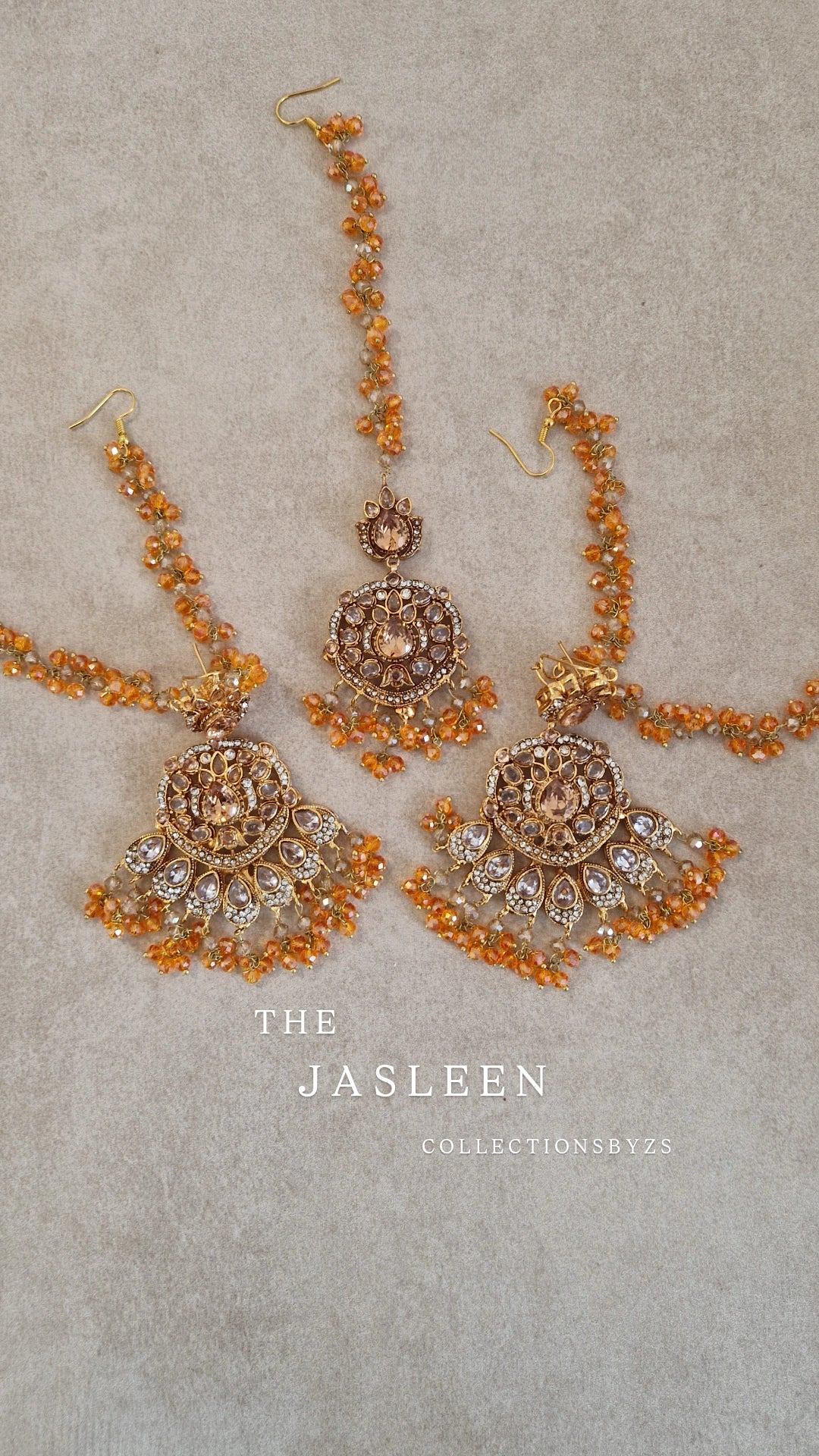 JASLEEN- Small Earring & Tikka Set (Yellow golden finish polish) - ORANGE