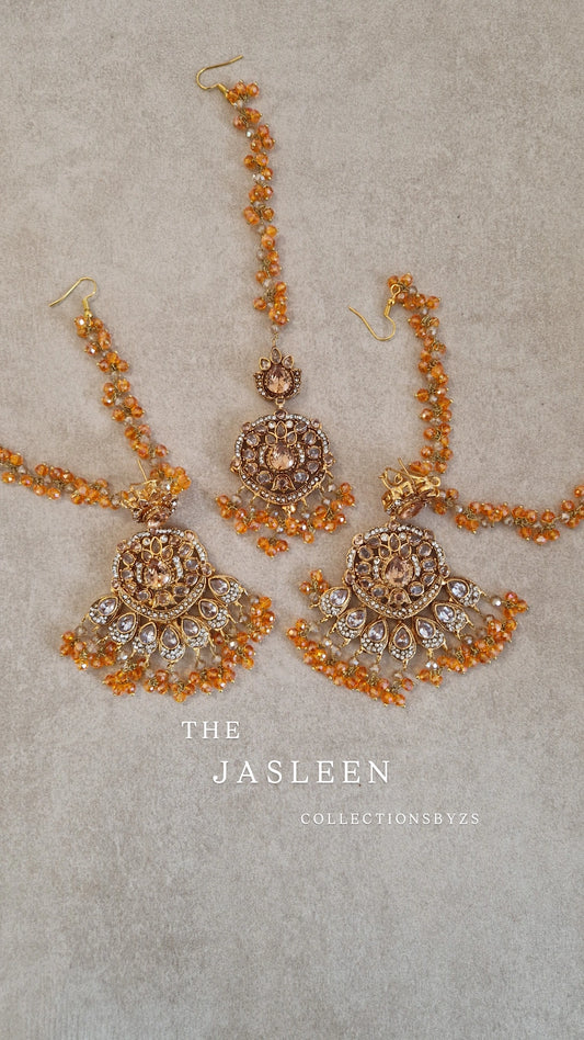 JASLEEN- Small Earring & Tikka Set (Yellow golden finish polish) - ORANGE