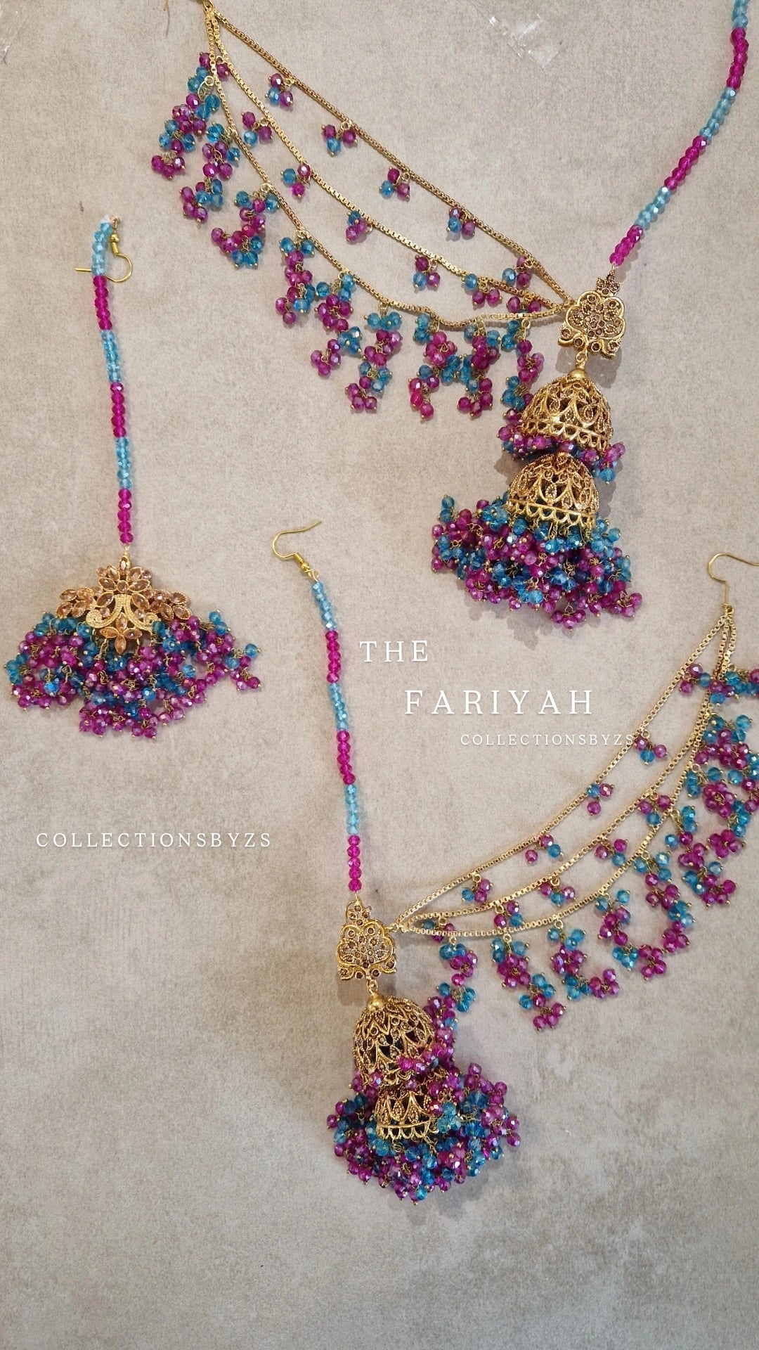 FARIYAH- Stunning Pakistani style bridal Earrings &  Tikka Set - BLUE & PINK