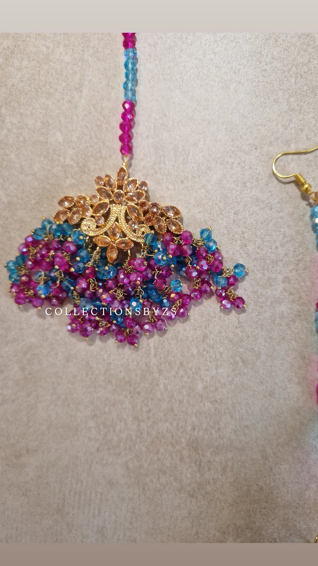 FARIYAH- Stunning Pakistani style bridal Earrings &  Tikka Set - BLUE & PINK