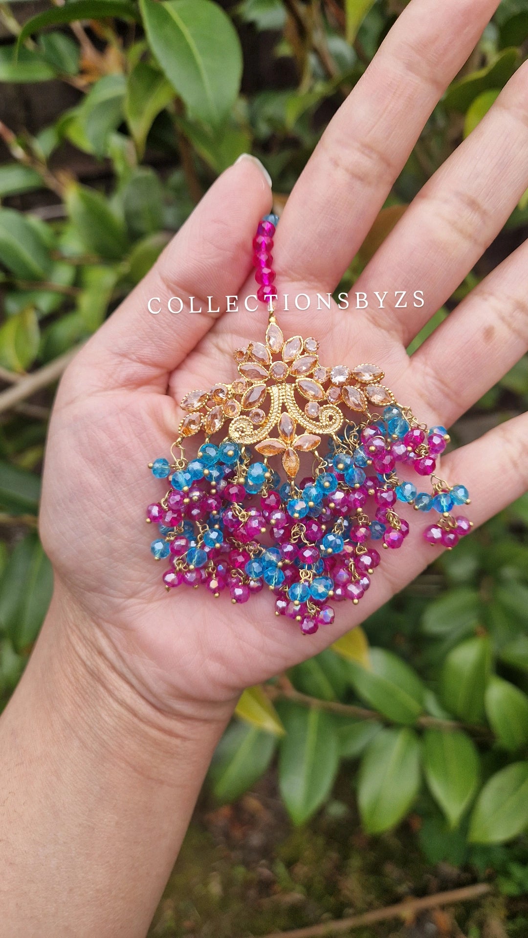 FARIYAH- Stunning Pakistani style bridal Earrings &  Tikka Set - BLUE & PINK