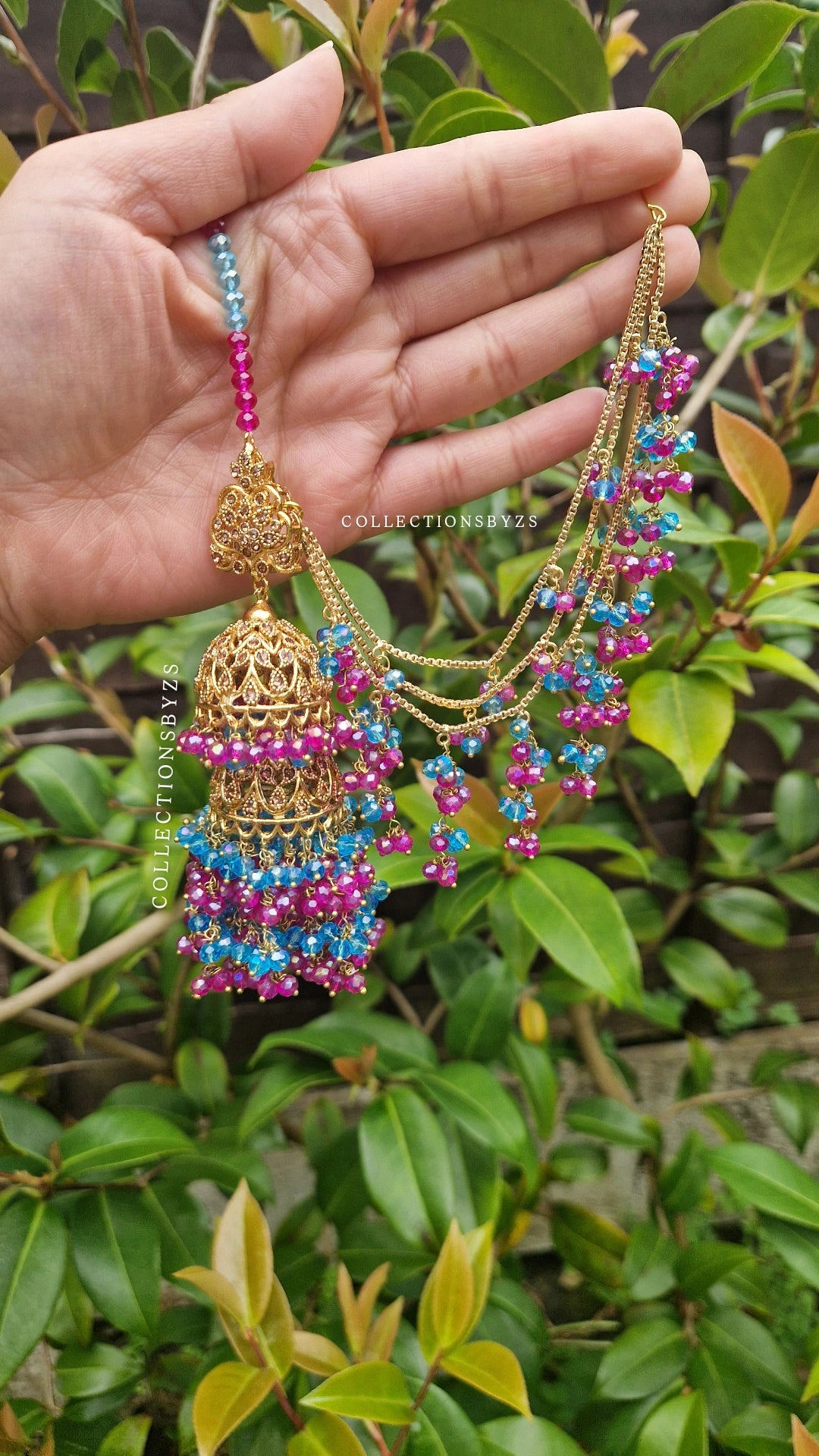FARIYAH- Stunning Pakistani style bridal Earrings &  Tikka Set - BLUE & PINK