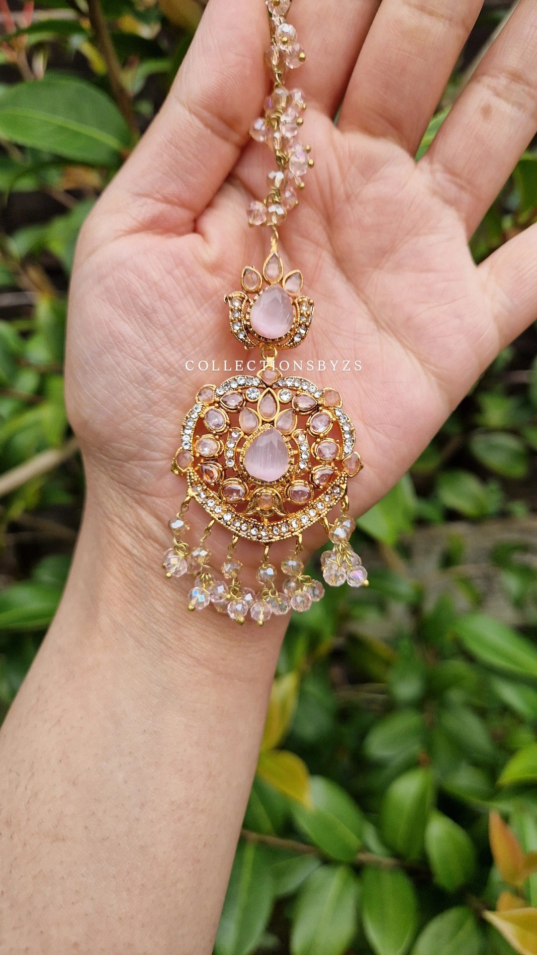 JASLEEN- Small Earring & Tikka Set (Yellow golden finish polish) - PINK - LAUNCH OFFER.