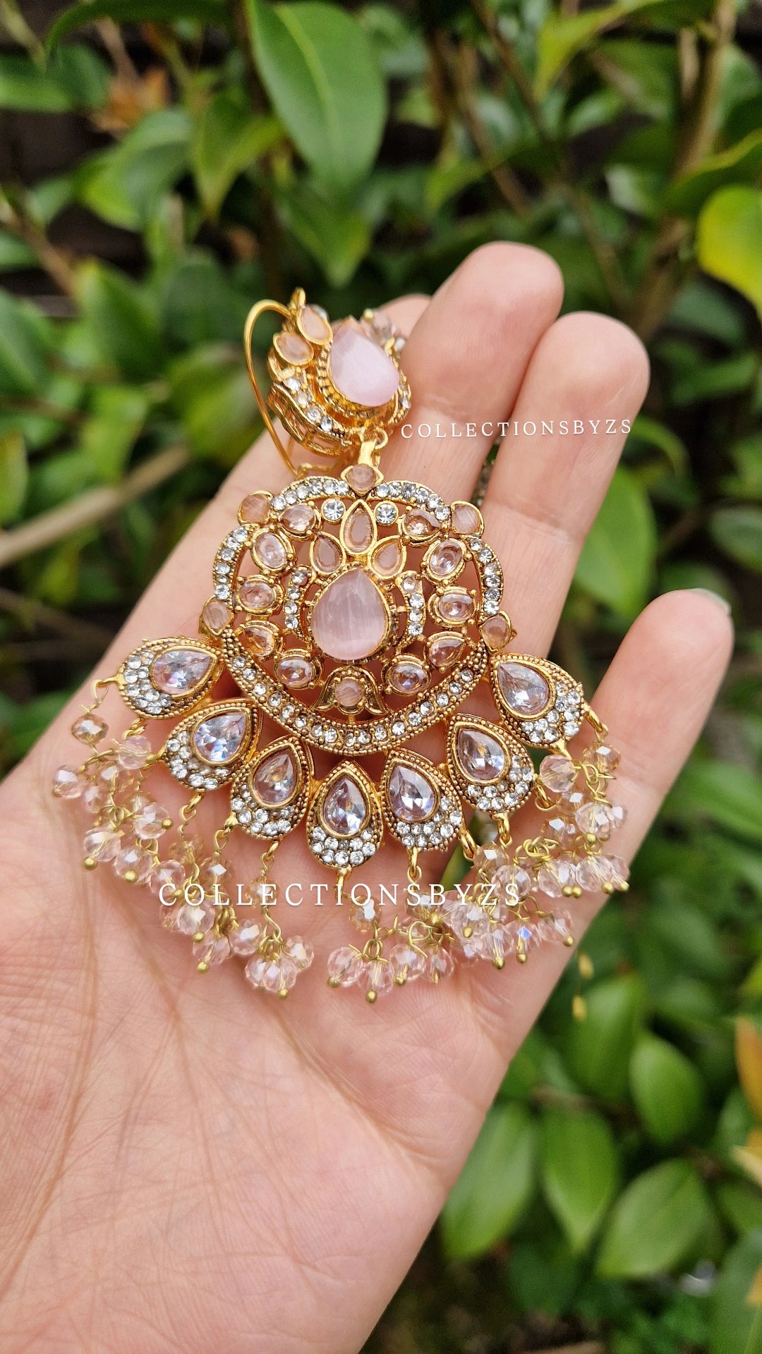 JASLEEN- Small Earring & Tikka Set (Yellow golden finish polish) - PINK - LAUNCH OFFER.