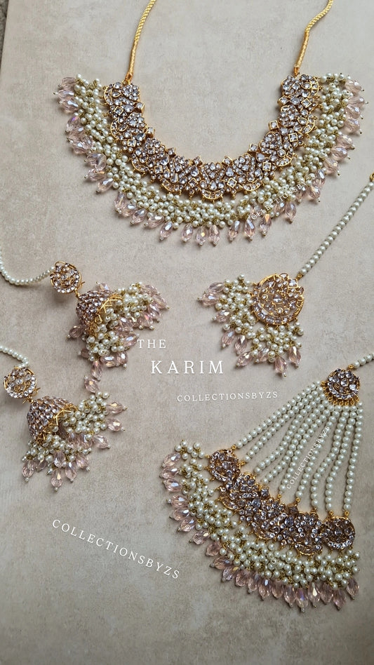 KARIM - Bridal/Semi Bridal Necklace, Earrings, Tikka & Jhumar - Light Pink and pearl