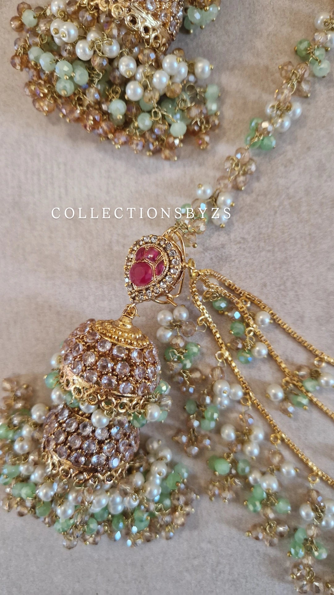 INARA -Pakistani Earrings &  Tikka - GREEN & GOLD PEARL (NOT Mint)