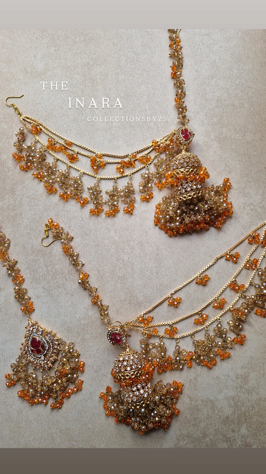 INARA -Pakistani Earrings &  Tikka - ORANGE, PINK & PEARL