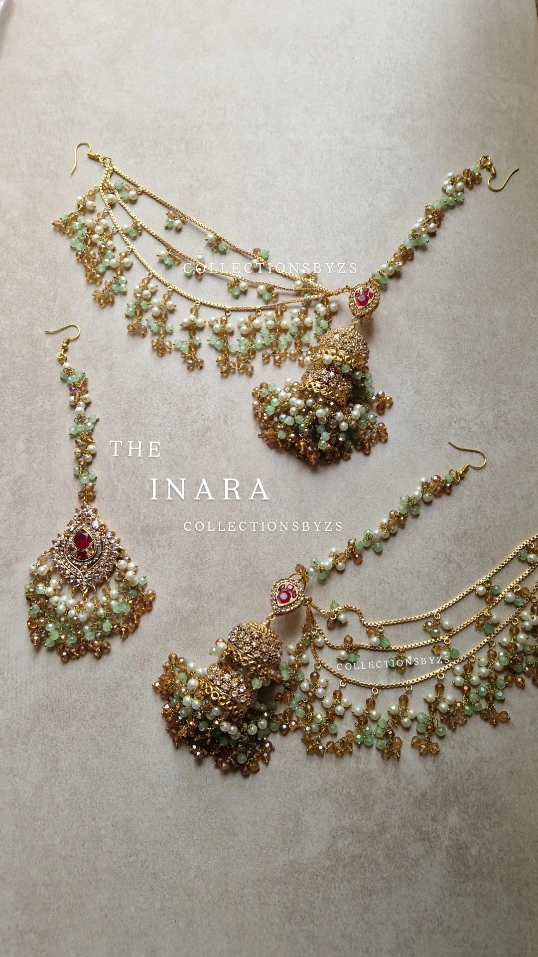 INARA -Pakistani Earrings &  Tikka - GREEN & GOLD PEARL (NOT Mint)