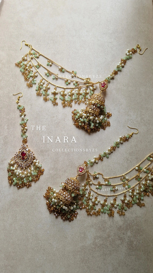 INARA -Pakistani Earrings &  Tikka - GREEN & GOLD PEARL (NOT Mint)