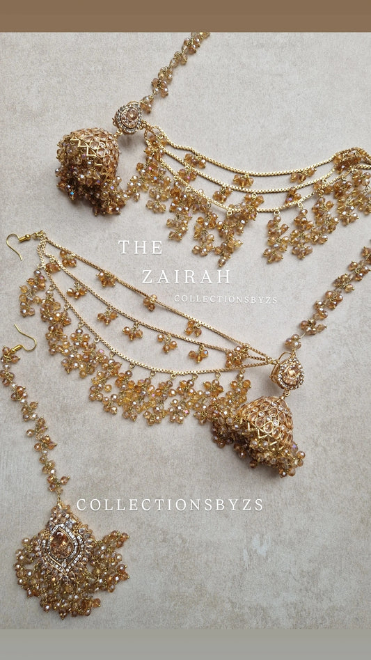 ZAIRAH  -Pakistani Jhumka with Saharas and Tikka Set -  GOLD AND PEARL