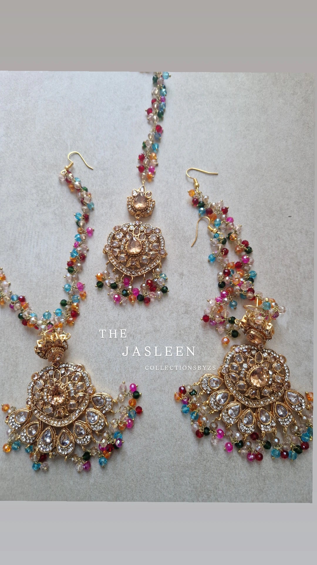 JASLEEN- Small Earring & Tikka Set (Yellow golden finish) - MULTICOLOURED - LAUNCH OFFER.