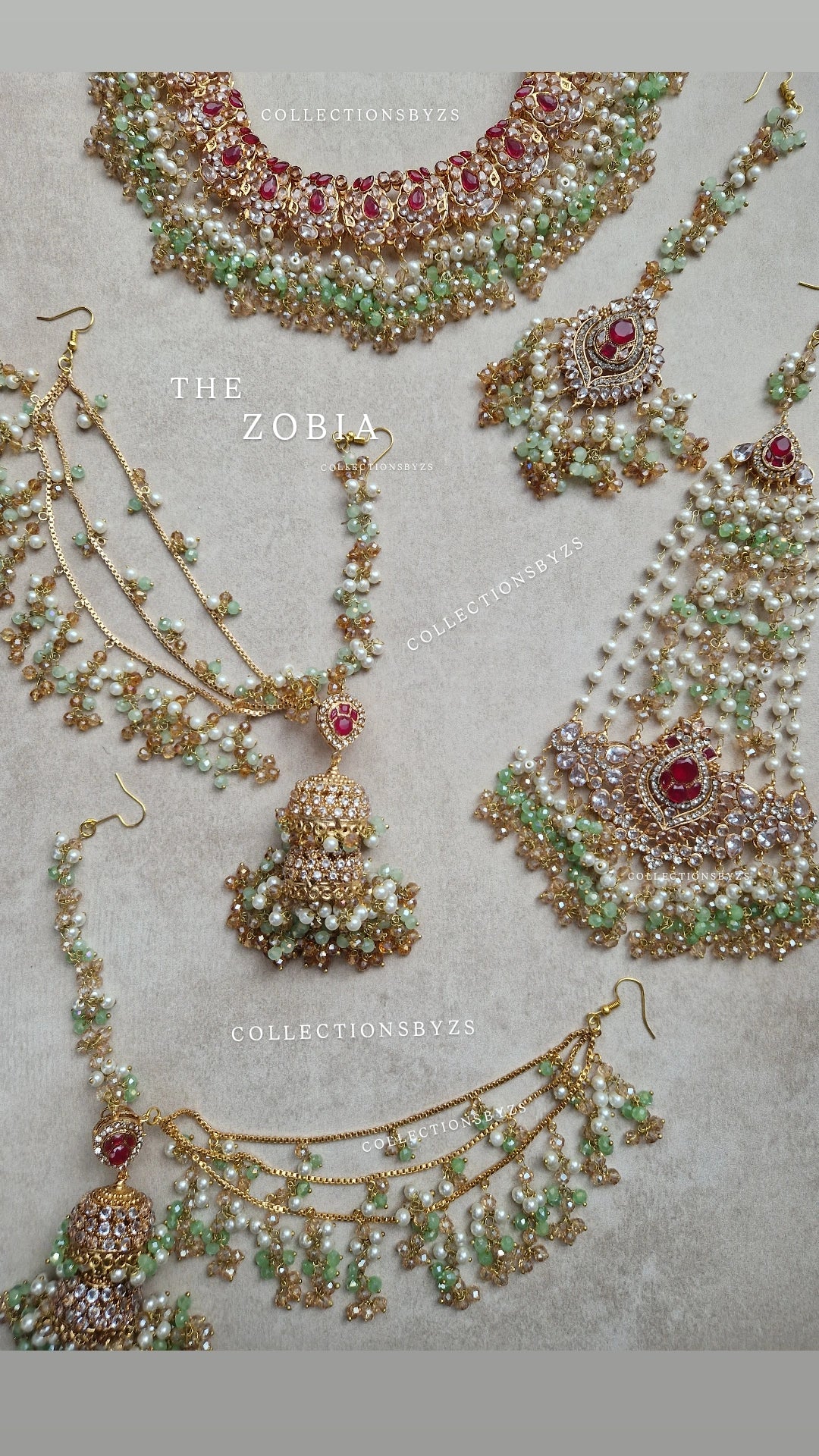 ZOBIA- Bridal /Semi Bridal Beautiful Pakistani Light green and Pink pearl set.