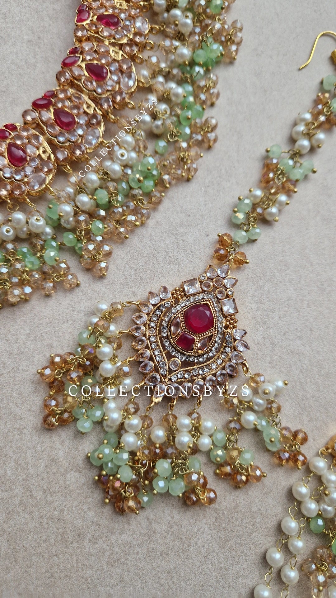 ZOBIA- Bridal /Semi Bridal Beautiful Pakistani Light green and Pink pearl set.