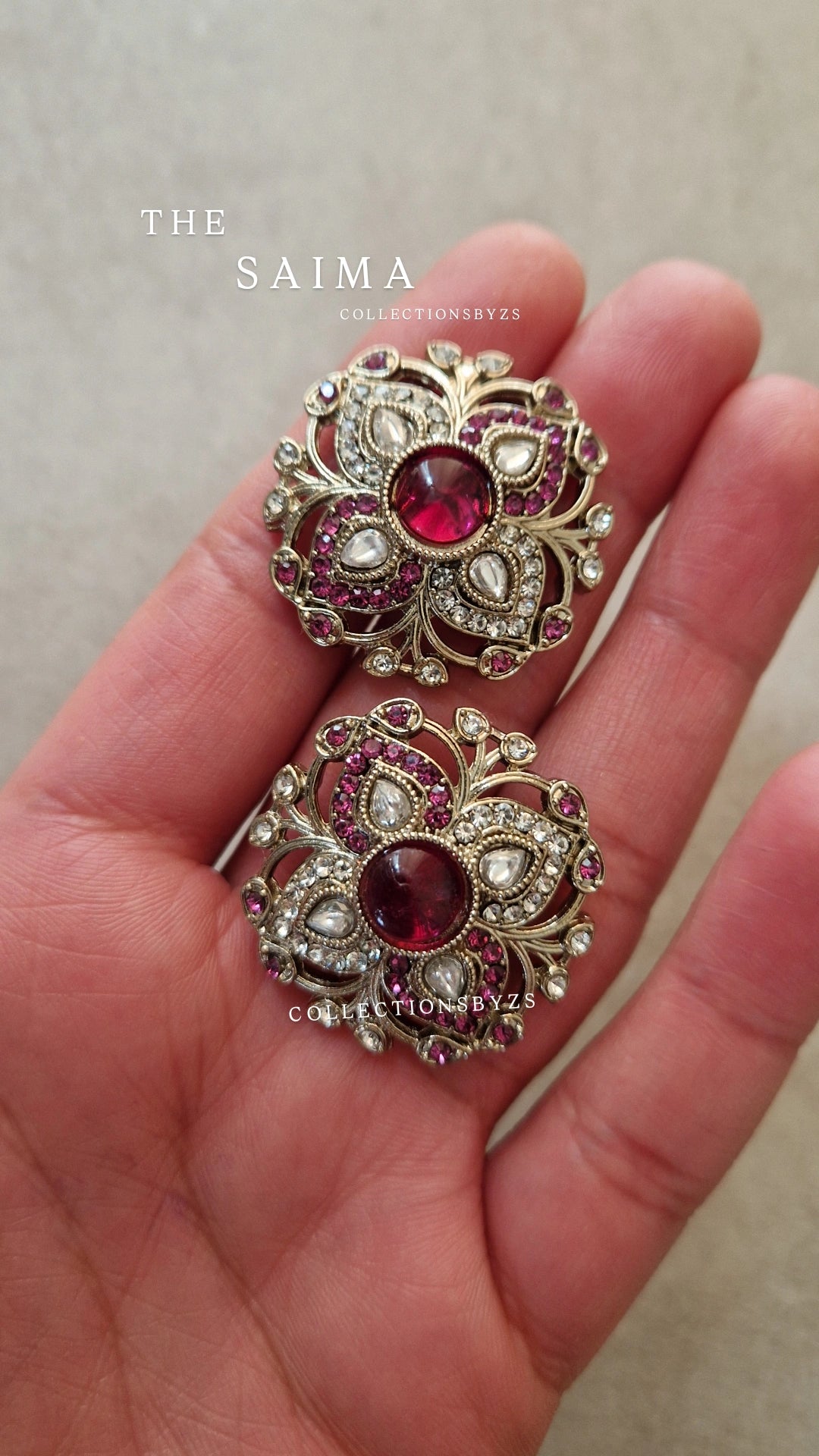 SAIMA - Indian Silver Kundan Inspired Studs-  SHOCKING PINK