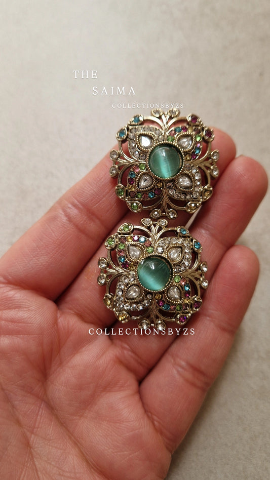 SAIMA - Indian Silver Kundan Inspired Studs-  MINT, &  TURQUOISE PINK