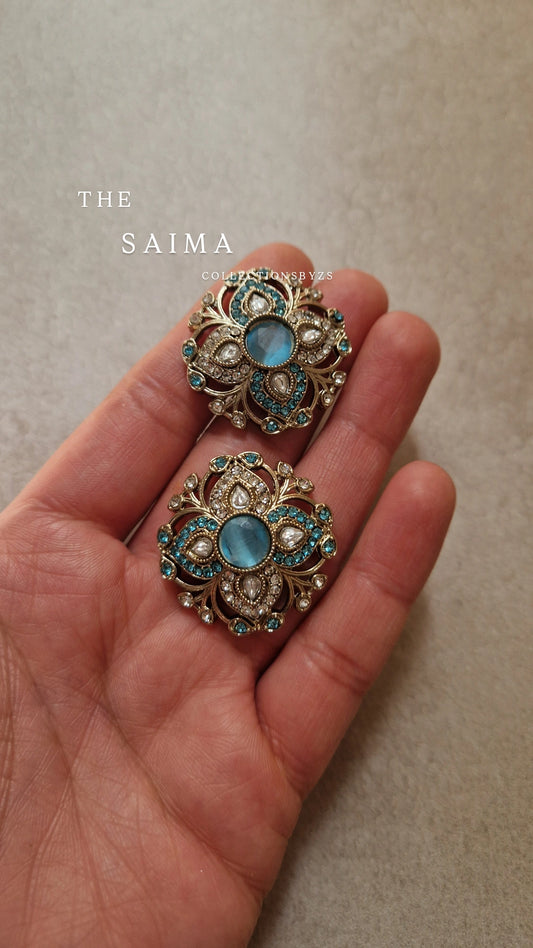 SAIMA - Indian Silver Kundan Inspired Studs- LIGHT BLUE.