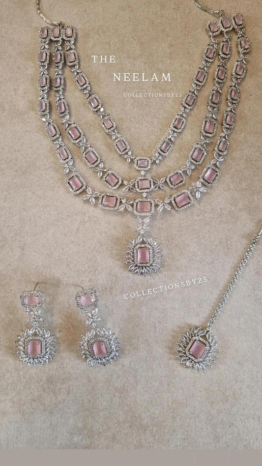 NEELAM - 3 layered Pink American beautiful Mala, Earrings and Tikka Set
