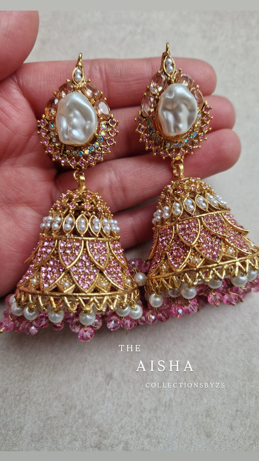 AISHA - Beautiful Elegant Pakistani Jhumkas faux pearl - PINK