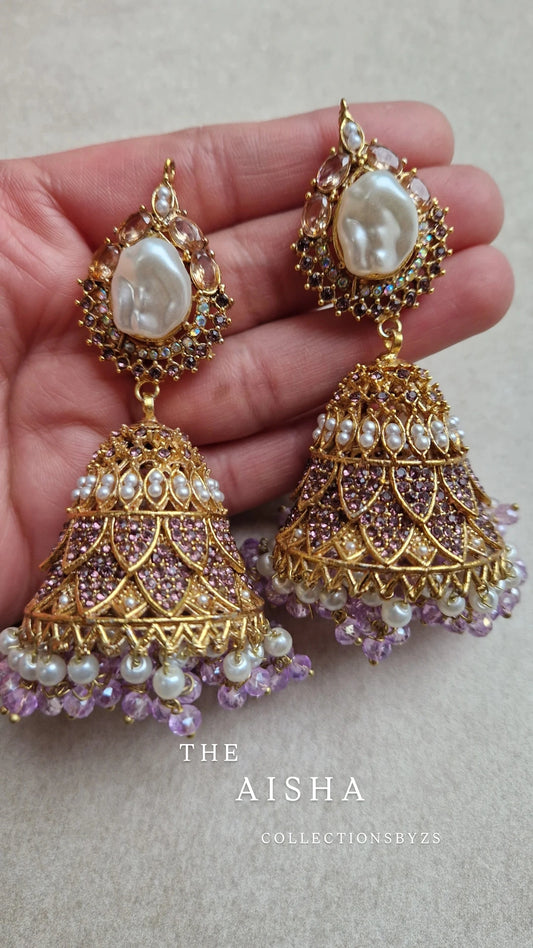 AISHA - Beautiful Elegant Pakistani Jhumkas faux pearl - LILAC