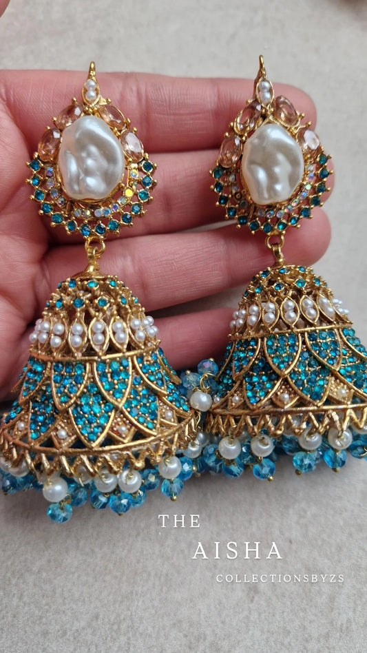 AISHA - Beautiful Elegant Pakistani Jhumkas faux pearl - FEROZI BLUE