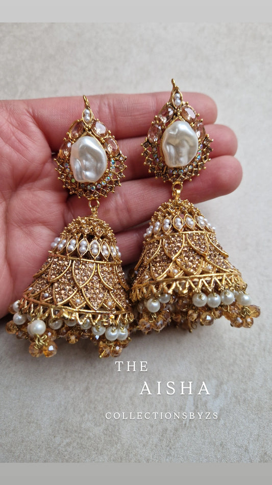 AISHA - Beautiful Elegant Pakistani Jhumkas faux pearl - FULL GOLD