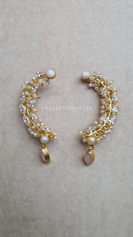 *Premium* Real Fresh Water Pearls with Rose Quartz-  Ear Cuffs