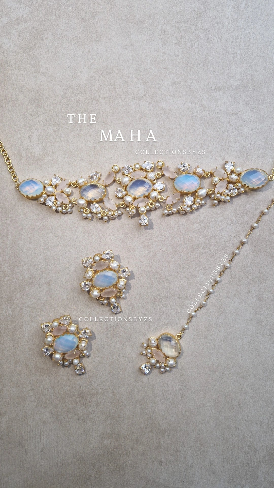 MAHA - *Premium* Pearls Choker, Earrings & Tikka. - Opalite and Rose Quartz.