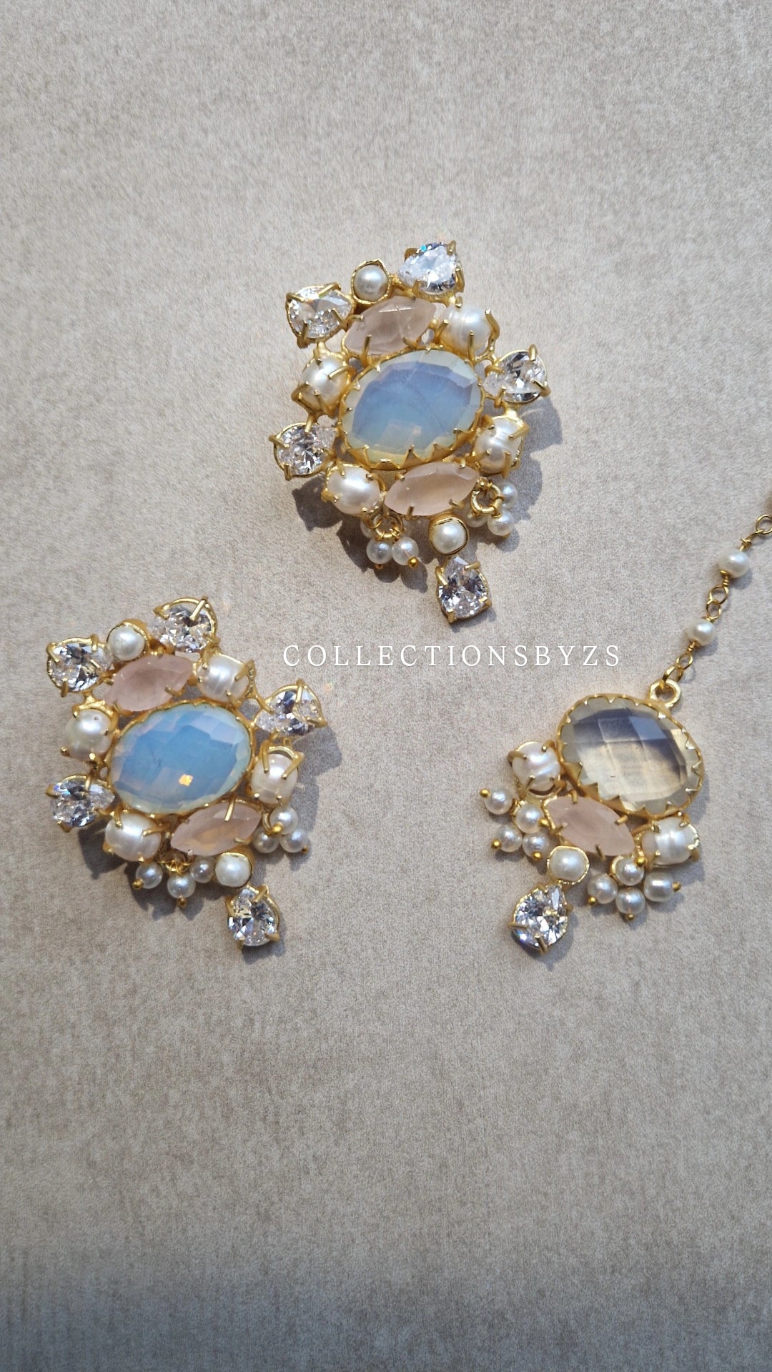 MAHA - *Premium* Pearls Choker, Earrings & Tikka. - Opalite and Rose Quartz.