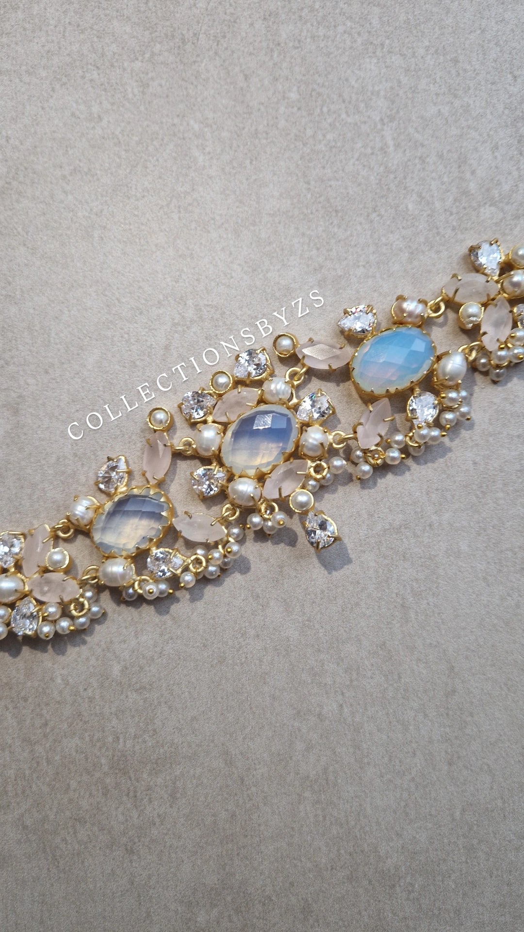 MAHA - *Premium* Pearls Choker, Earrings & Tikka. - Opalite and Rose Quartz.