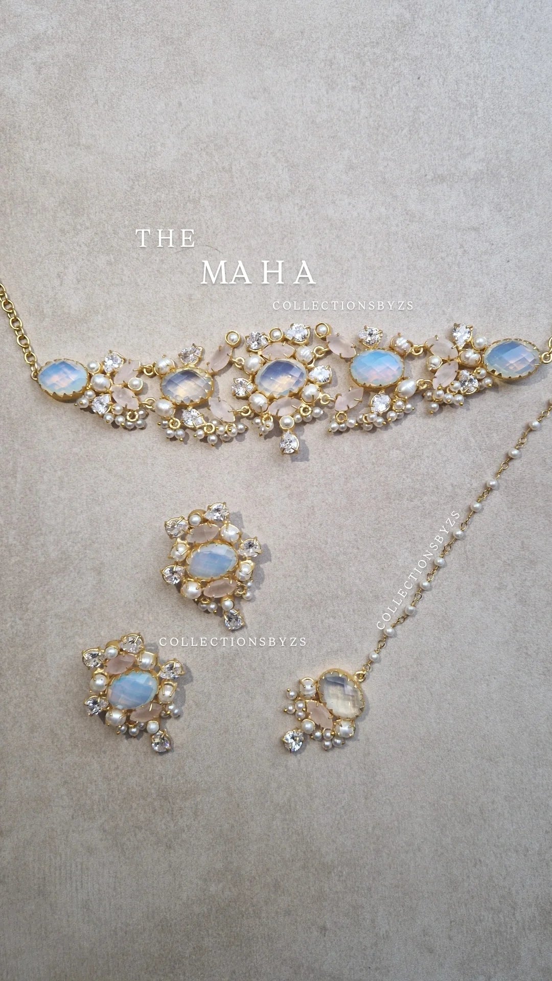 MAHA - *Premium* Pearls Choker, Earrings & Tikka. - Opalite and Rose Quartz.