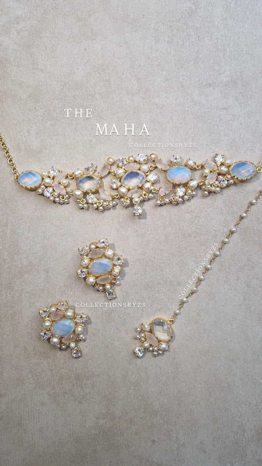 MAHA - *Premium* Pearls Choker, Earrings & Tikka. - Opalite and Rose Quartz.