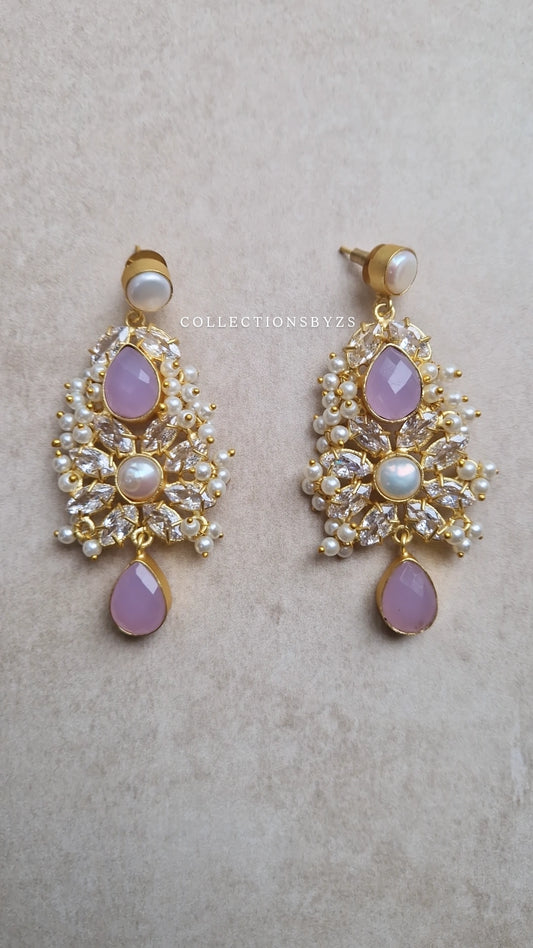 * PREMIUM* Earrings Fresh water Pearls with Semi Precious Stones - LILAC