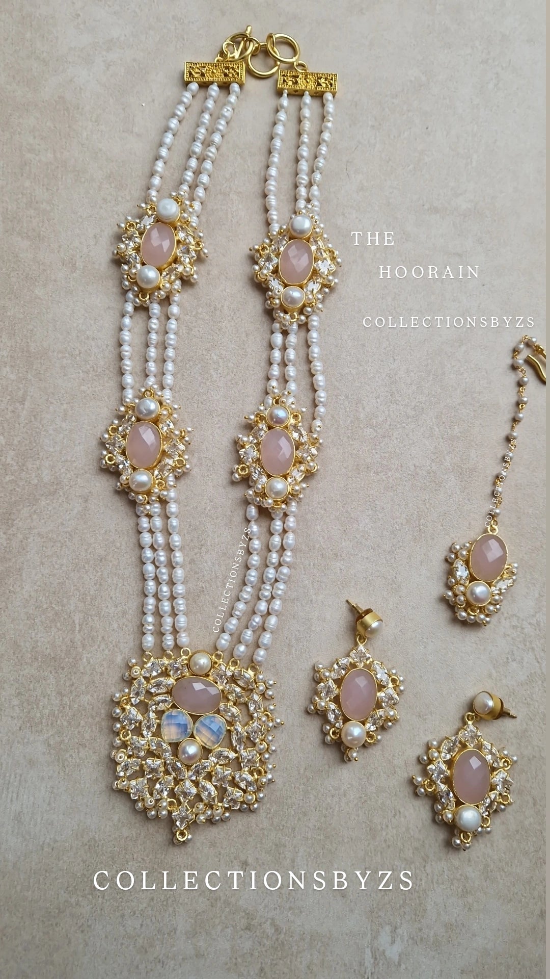 HOORAIN- Premium Fresh Water Pearl and Semi Precious Mala Set - ROSE QUARTZ & OPALITE.