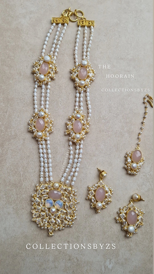 HOORAIN- Premium Fresh Water Pearl and Semi Precious Mala Set - ROSE QUARTZ & OPALITE.