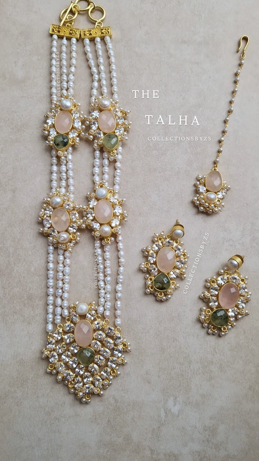TALHA-  Premium Fresh Water Pearl and Semi Precious Mala Set - ROSE QUARTZ & SAGE.