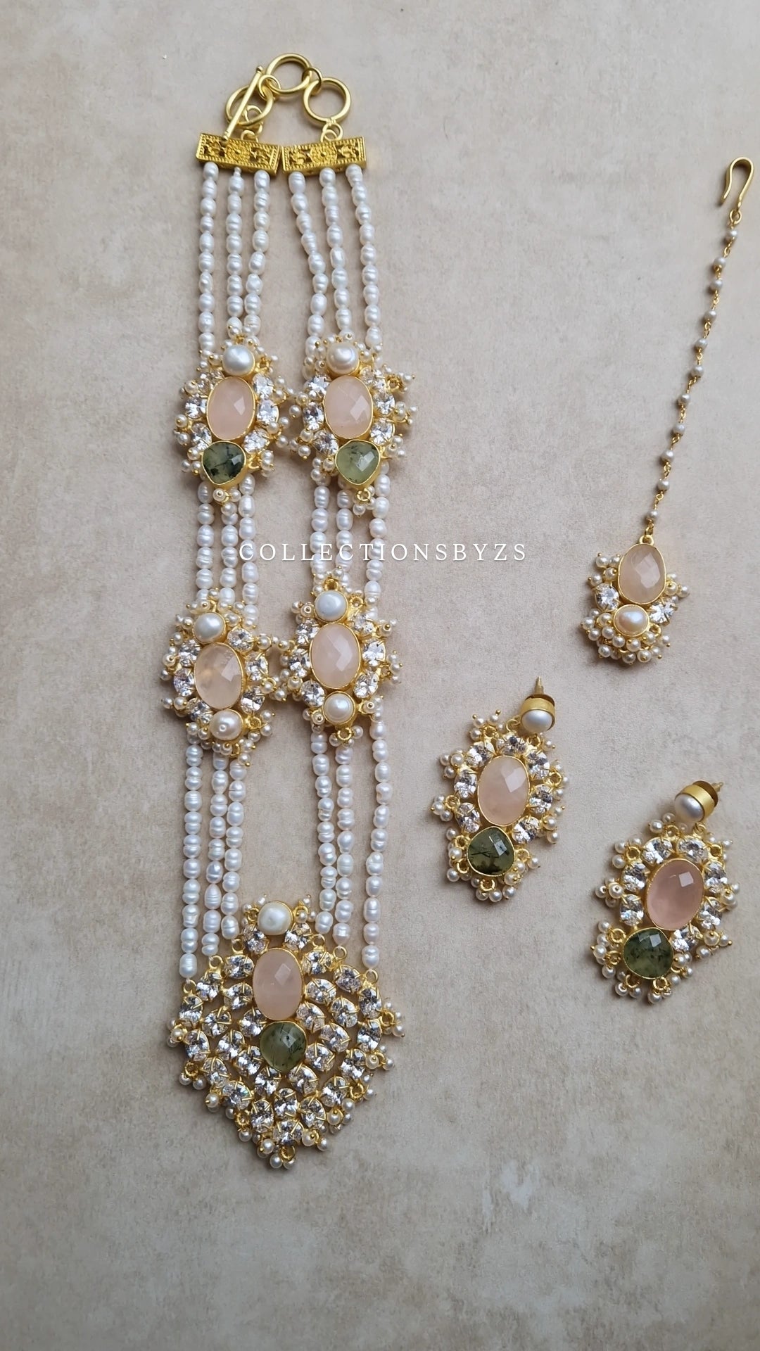 TALHA-  Premium Fresh Water Pearl and Semi Precious Mala Set - ROSE QUARTZ & SAGE.