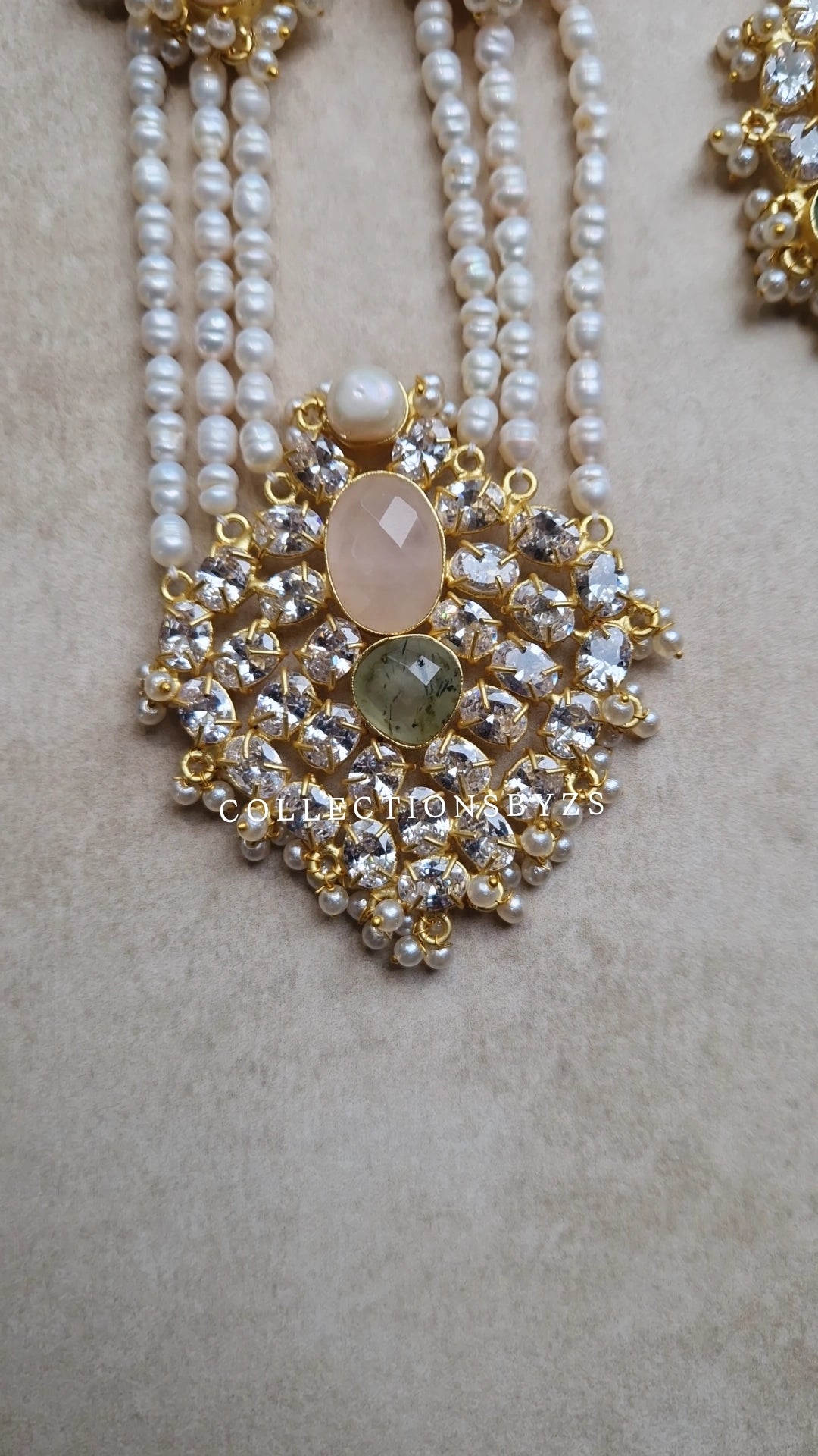 TALHA-  Premium Fresh Water Pearl and Semi Precious Mala Set - ROSE QUARTZ & SAGE.