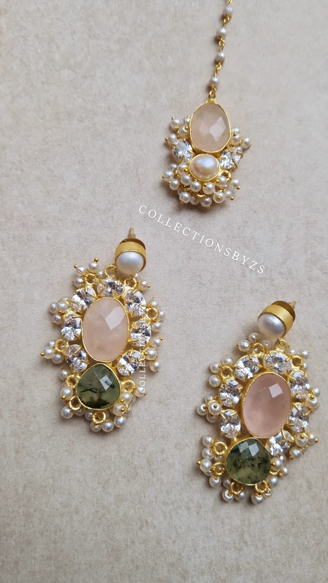 TALHA-  Premium Fresh Water Pearl and Semi Precious Mala Set - ROSE QUARTZ & SAGE.