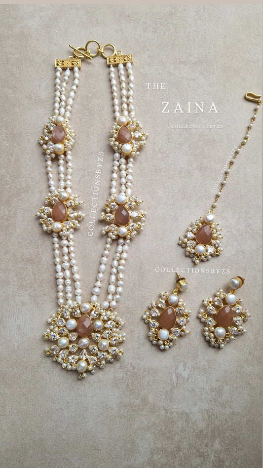 ZAINA-  Premium Fresh Water Pearl and Semi Precious Mala Set - MORGANITE (Brown)