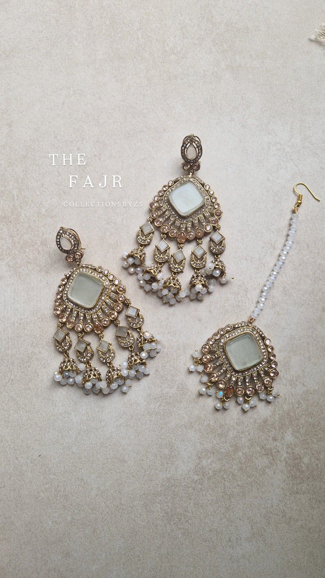 FAJR - Pakistani Earrings & Tikka Set- OFF WHITE/GREY