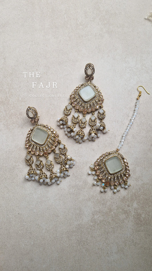 FAJR - Pakistani Earrings & Tikka Set- OFF WHITE/GREY