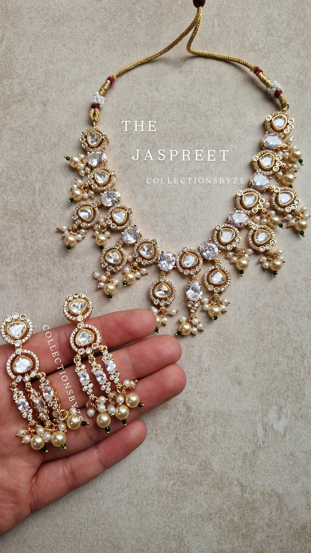 JASPREET  *Premium* Monalisa Necklace Set- White & Golden Pearl with American Diamond