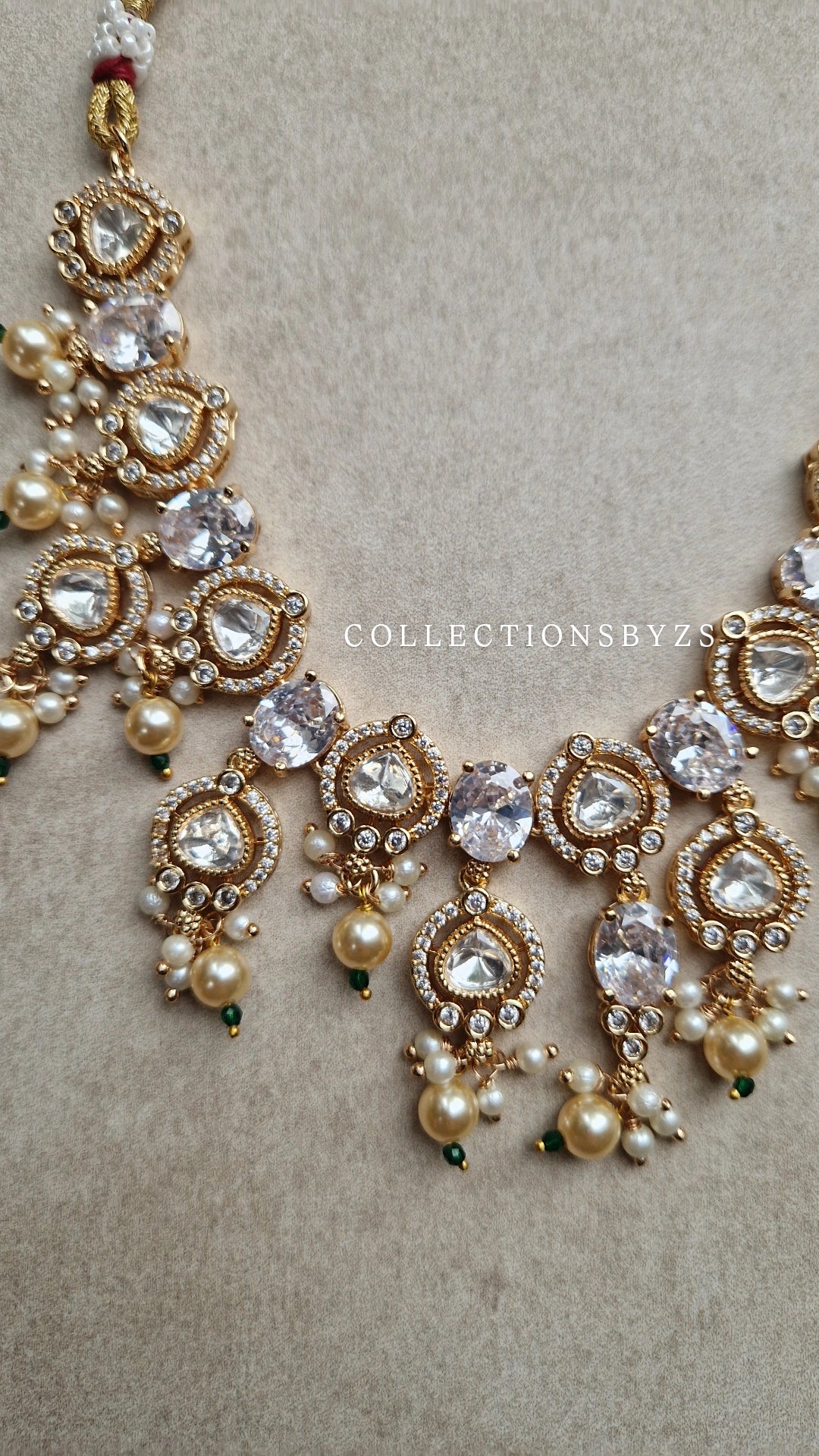JASPREET  *Premium* Monalisa Necklace Set- White & Golden Pearl with American Diamond