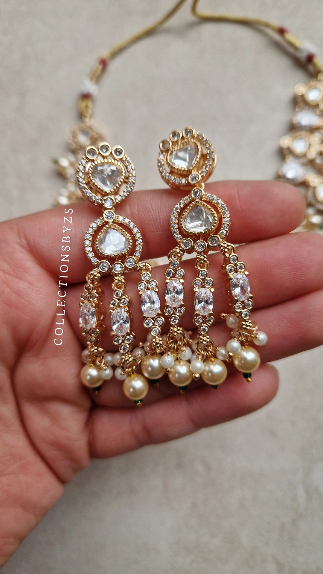 JASPREET  *Premium* Monalisa Necklace Set- White & Golden Pearl with American Diamond